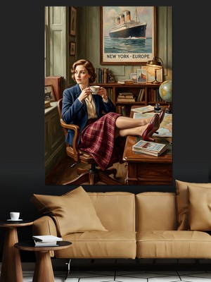 Tablomega Kütüphanede Kahve Içen Genç Kadın Dekoratif Kanvas - Mdf Ahşap Tablo