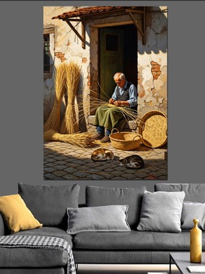 Tablomega Kapı Önünde Oturan Köylü  Dekoratif Kanvas - Mdf Ahşap Tablo