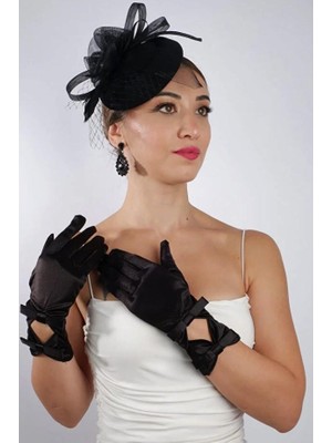 Hayalperest Boncuk Siyah Saten Kısa Dantelli Gelin Eldiveni Düğün Nikah Aksesuarı Fascinator Şapka Seti