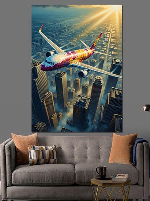 Tablomega Şehir Üzerinde Süzülen Yolcu Uçağı Dekoratif Kanvas - Mdf Ahşap Tablo
