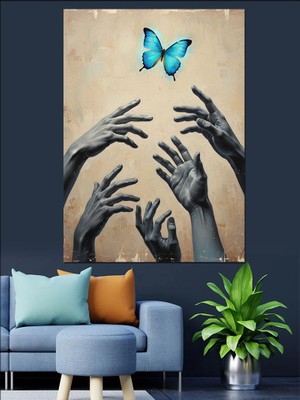 Tablomega Mavi Kelebek ve Uzanan Eller Dekoratif Kanvas - Mdf Ahşap Tablo