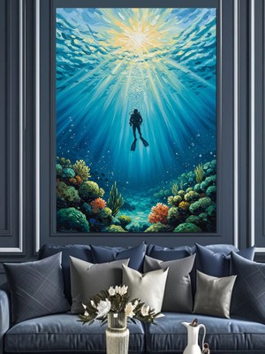 Tablomega Su Altına Dalış Yapan Insan Dekoratif Kanvas - Mdf Ahşap Tablo