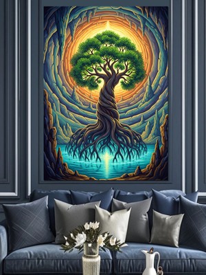 Tablomega Kökleri Işık Saçan Hayat Ağacı Dekoratif Kanvas - Mdf Ahşap Tablo