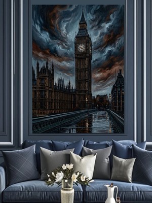 Artmeg Gece Karanlığında Londra Saat Kulesi Dekoratif Kanvas - Mdf Ahşap Tablo
