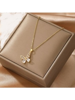 Genel Zirkonya Kelebek Kolye – Paslanmaz Çelik - Zarif ve Şık Tasarım