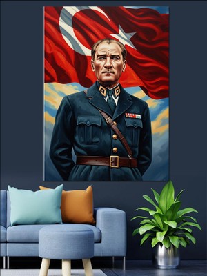 Artmeg Mareşal Üniformasıyla Atatürk ve Bayrak Dekoratif Kanvas - Mdf Ahşap Tablo