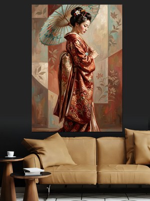 Tablomega Şemsiyeli Geleneksel Japon Kadın Portresi Dekoratif Kanvas - Mdf Ahşap Tablo