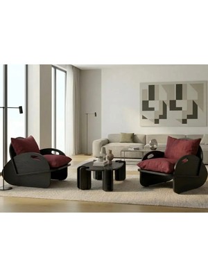 Praktura Cell Ahşap Kırmızı Çay Seti Koltuk Takımı, Modüler Çay Takımı, 2+1, 2 Berjer 1 Orta Sehpa Takım