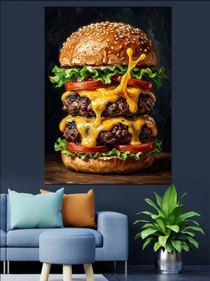 Artmeg Çift Köfteli Büyük Gurme Hamburger Dekoratif Kanvas - Mdf Ahşap Tablo