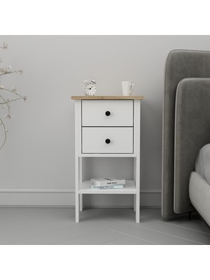 Mandosi Mobilya Çift Çekmeceli Komodin Beyaz Meşe Plus