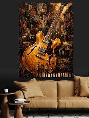 Tablomega Şehir Manzaralı Altın Elektro Gitar Dekoratif Kanvas - Mdf Ahşap Tablo
