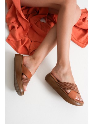 Alfaze Taba Hakiki Deri Örgü Desenli Günlük Rahat Şık Yazlık Terlik