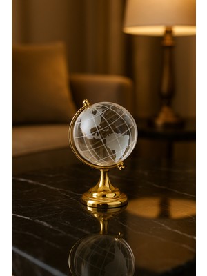 Genel Kristal Küre Dünya Biblosu – Altın Renkli Lüks Masa Üstü Dekoratif Obje