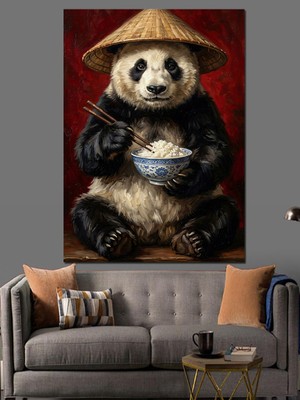 Tablomega Şapkalı ve Çubukla Yemek Yiyen Panda Dekoratif Kanvas - Mdf Ahşap Tablo