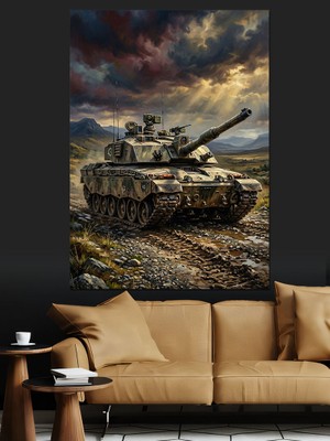 Artmeg Çamurlu Yolda Ilerleyen Askeri Tank Dekoratif Kanvas - Mdf Ahşap Tablo