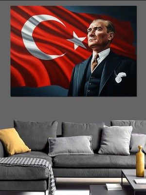 Tablomega Türk Bayrağı Önünde Atatürk Portresi Dekoratif Kanvas - Mdf Ahşap Tablo