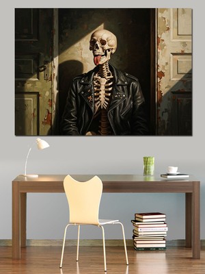 Tablomega Kapı Önünde Duran Iskelet Figürü Dekoratif Kanvas - Mdf Ahşap Tablo