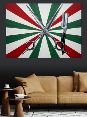 Tablomega Çapraz Duran Berber Makas ve Ustura Dekoratif Kanvas - Mdf Ahşap Tablo