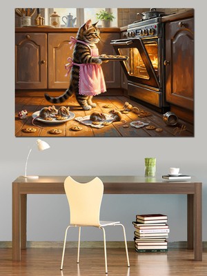 Tablomega Mutfakta Pizza Hazırlayan Yavru Kedi Dekoratif Kanvas - Mdf Ahşap Tablo