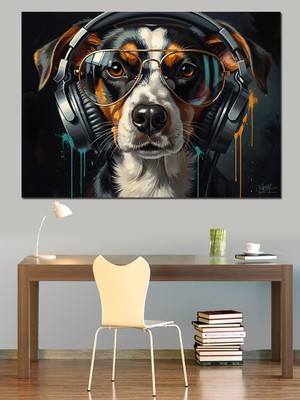 Tablomega Kulaklıklı ve Gözlüklü Havalı Köpek Dekoratif Kanvas - Mdf Ahşap Tablo