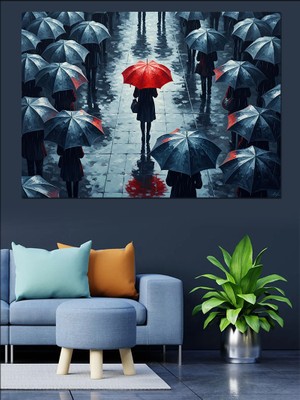 Tablomega Yağmurlu Gecede Kırmızı Şemsiyeli Kadın Dekoratif Kanvas - Mdf Ahşap Tablo