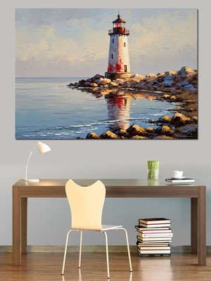 Tablomega Deniz Kıyısında Beyaz Deniz Feneri Dekoratif Kanvas - Mdf Ahşap Tablo