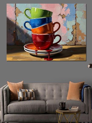 Tablomega Renkli Üst Üste Kahve Fincanları Dekoratif Kanvas - Mdf Ahşap Tablo