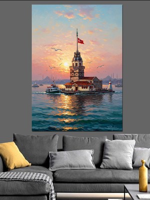 Tablomega Istanbul Kız Kulesi Gün Batımı Dekoratif Kanvas - Mdf Ahşap Tablo
