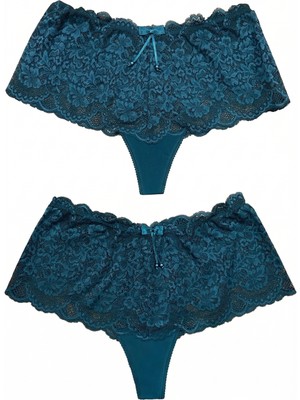 Zi 2 Adet 1 Paket Petrol Yeşili Transparan Dantelli Tanga Şort Külot