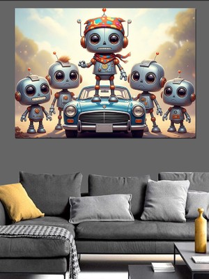 Tablomega Robot Ailesi ve Klasik Araba Dekoratif Kanvas - Mdf Ahşap Tablo