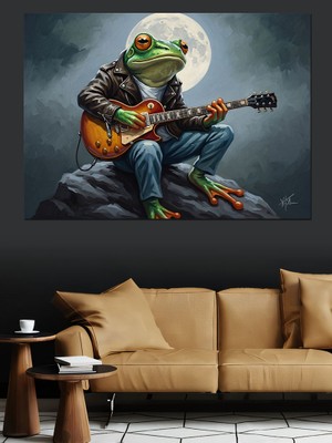 Tablomega Gitar Çalan Mistik Yeşil Kurbağa Dekoratif Kanvas - Mdf Ahşap Tablo