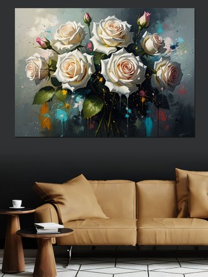 Tablomega Vazoda Beyaz Güller Klasik Natürmort Dekoratif Kanvas - Mdf Ahşap Tablo