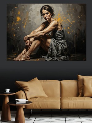 Tablomega Yerde Oturan Hüzünlü Kadın Silüeti Dekoratif Kanvas - Mdf Ahşap Tablo