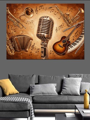 Tablomega Antik Mikrofon ve Müzik Enstrümanları Dekoratif Kanvas - Mdf Ahşap Tablo
