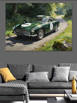 Tablomega Orman Yolunda Klasik Yeşil Araba Dekoratif Kanvas - Mdf Ahşap Tablo
