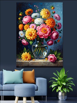 Tablomega Vazoda Rengarenk Karışık Çiçek Buketi Dekoratif Kanvas - Mdf Ahşap Tablo