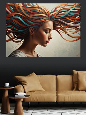 Tablomega Dalgalı Saçlı Turkuaz Kadın Silüeti Dekoratif Kanvas - Mdf Ahşap Tablo