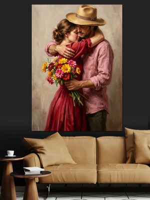 Tablomega Sarılan Romantik Aşık Çift Portresi Dekoratif Kanvas - Mdf Ahşap Tablo