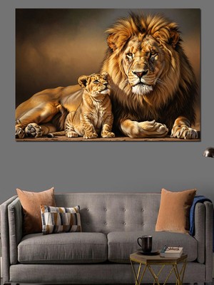 Tablomega Baba Aslan ve Yavru Aslan Dekoratif Kanvas - Mdf Ahşap Tablo