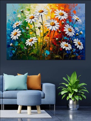 Tablomega Rengarenk Boyalarla Açan Papatya Tarlası Dekoratif Kanvas - Mdf Ahşap Tablo