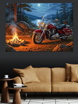 Tablomega Gece Vakti Ateş Yanında Motosiklet Dekoratif Kanvas - Mdf Ahşap Tablo
