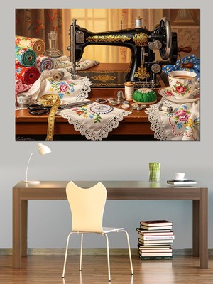 Tablomega Nostaljik Dikiş Makinesi ve Danteller Dekoratif Kanvas - Mdf Ahşap Tablo