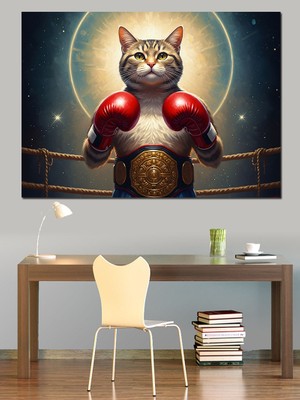 Tablomega Boks Eldivenli Güçlü Modern Kedi Dekoratif Kanvas - Mdf Ahşap Tablo