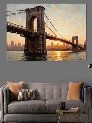Tablomega Gün Batımında New York Brooklyn Köprüsü Dekoratif Kanvas - Mdf Ahşap Tablo