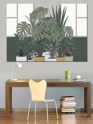 Tablomega Pencere Önünde Büyük Yeşil Bitkiler Dekoratif Kanvas - Mdf Ahşap Tablo