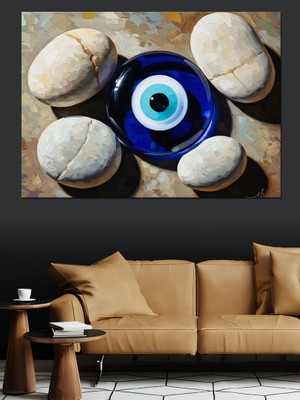 Tablomega Beyaz Taşlar ve Mavi Nazar Boncuğu Dekoratif Kanvas - Mdf Ahşap Tablo