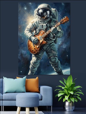 Tablomega Uzayda Gitar Çalan Astronot Tablosu Dekoratif Kanvas - Mdf Ahşap Tablo