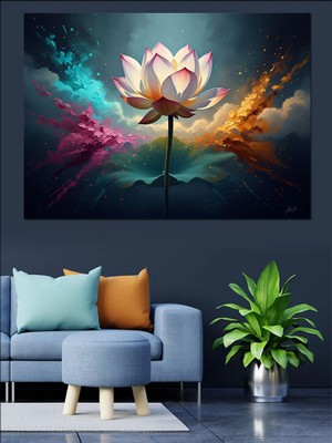 Tablomega Karanlıkta Parlayan Kozmik Beyaz Lotus Dekoratif Kanvas - Mdf Ahşap Tablo