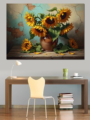 Tablomega Vazoda Büyük Sarı Ayçiçekleri Buketi Dekoratif Kanvas - Mdf Ahşap Tablo