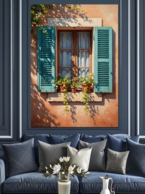 Tablomega Mavi Panjurlu Pencere ve Çiçekler Dekoratif Kanvas - Mdf Ahşap Tablo